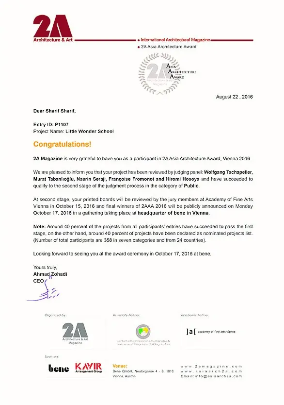 2A Asia Architecture Award 2016 held in Vienna, Austria.