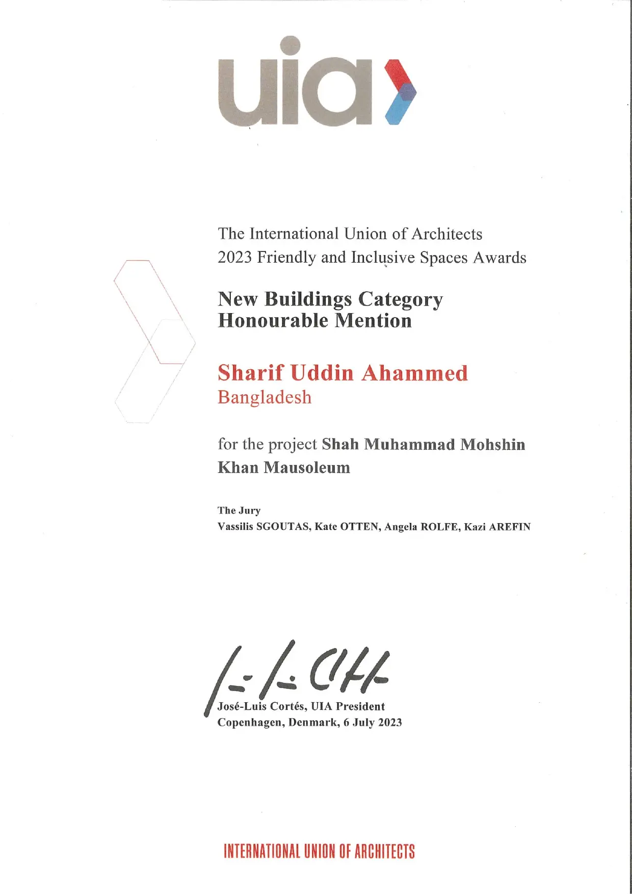 International Union of Architects (UIA) certificate