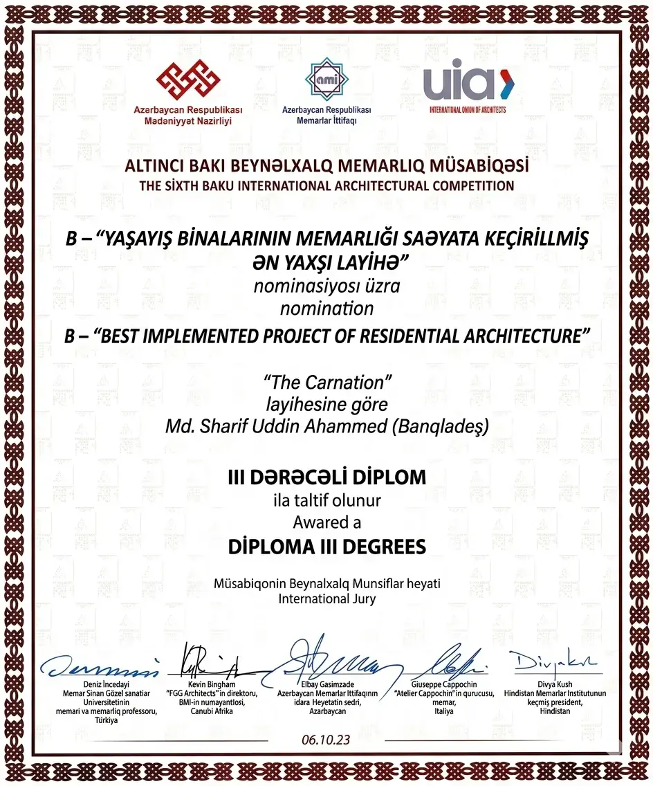 Award certificate from The Sixth Baku International Architectural Competition