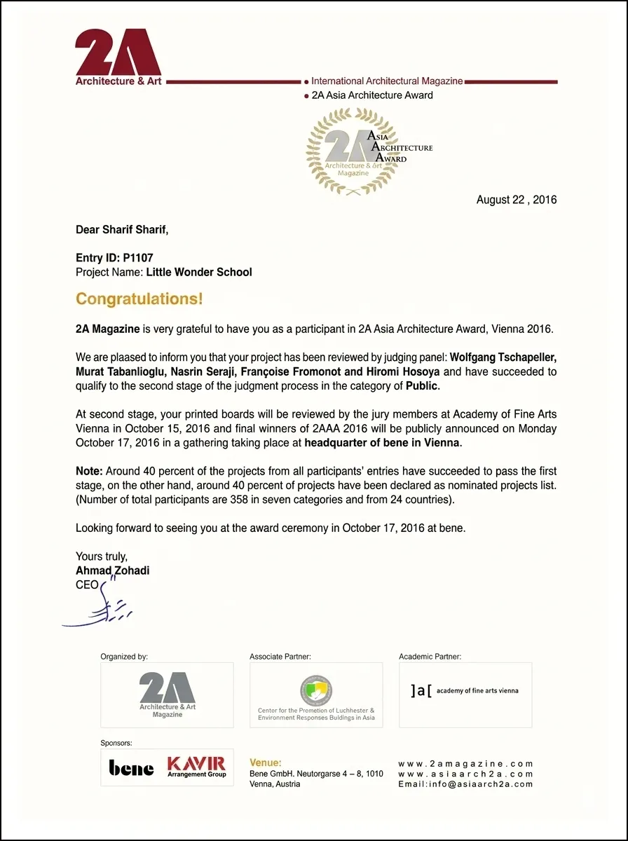 2A Asia Architecture Award 2016 held in Vienna, Austria.